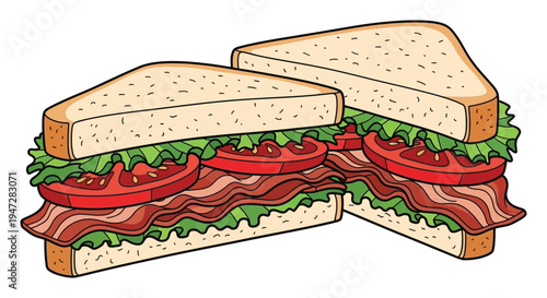 A mouthwatering illustration of a BLT sandwich, cut in half, showcasing crispy bacon, fresh lettuce, and juicy tomatoes on toasted bread, perfect for food and culinary concepts.