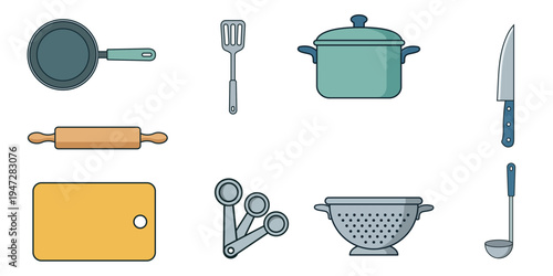 Modern Kitchen Utensils Icon Set – Cooking Tools Vector Illustration, Frying Pan, Knife, Pot, Spatula, Rolling Pin, Cutting Board, Colander and Ladle