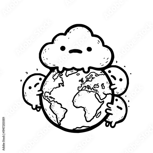 Sad Cloud Holding Earth with Melting Ice Caps