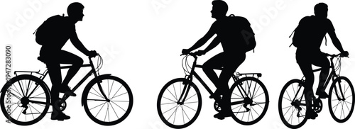 Vector illustration of silhouetted cyclists with backpacks symbolizing travel, commuting, identity, diversity, culture, tradition, inclusivity, heritage, and education