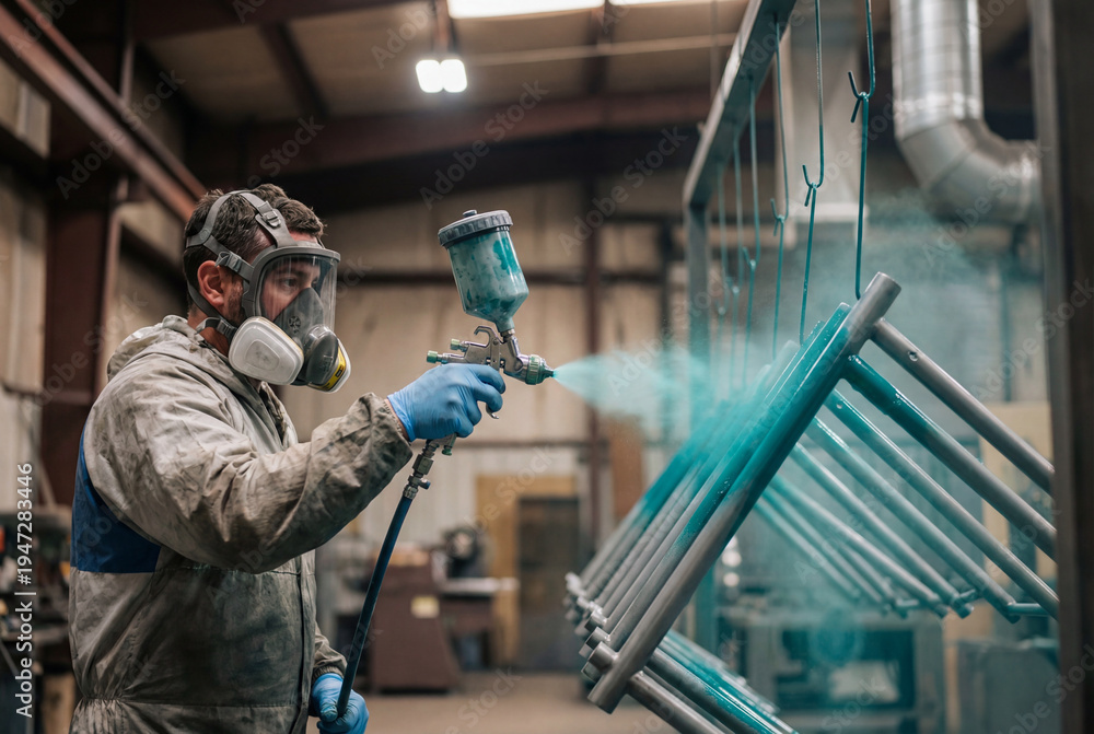 Obraz premium Industrial worker in protective suit spraying teal paint on metal frames in factory booth
