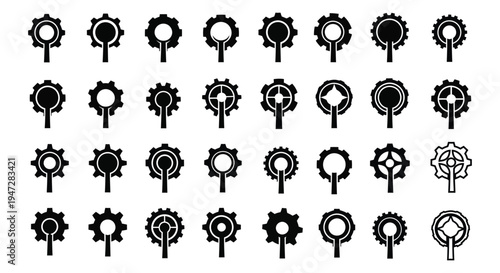 A set of various black gear icons and cogs on a clean white background, representing industry, technology, and mechanical concepts in a minimalist style.