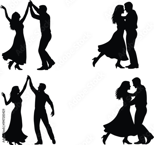 Silhouettes of dancing couples in elegant ballroom and social dance poses, graceful movement figures for fashion and design use