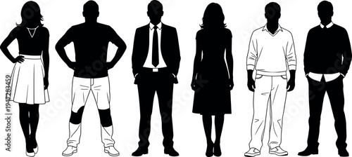 Black and white silhouette people standing, alternating figures, diverse clothing styles, gender attire comparison, artistic lifestyle illustration vector design
