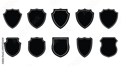 A set of black shield icons on a white background, representing security, protection, and safety concepts, ideal for use in design and marketing materials.