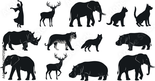 Silhouettes of diverse animals and human figure, wildlife illustration design representing biodiversity, nature, and expressive character themes