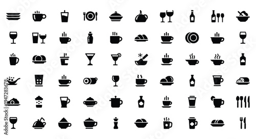 A set of black vector icons depicting food, drink, and dining-related symbols on a white background, ideal for use in restaurant menus, food blogs, or culinary websites.