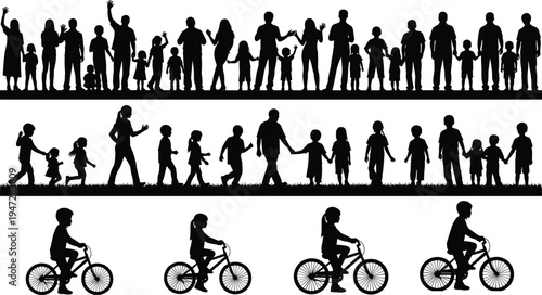 Vector illustration of silhouetted families walking, standing, and cycling symbolizing togetherness, childhood, identity, diversity, culture, tradition, inclusivity, heritage, and education