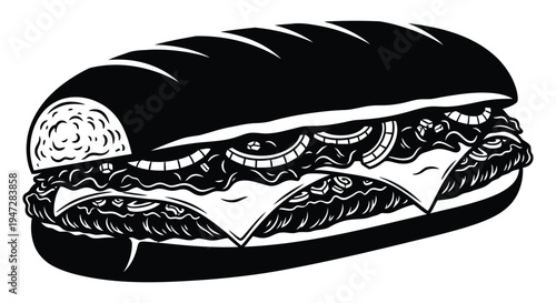 A detailed black and white vector illustration of a sandwich, showcasing layers of ingredients.