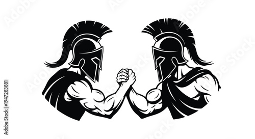 Illustration of two muscular warriors wearing helmets and capes arm wrestling on a white background in black and white.