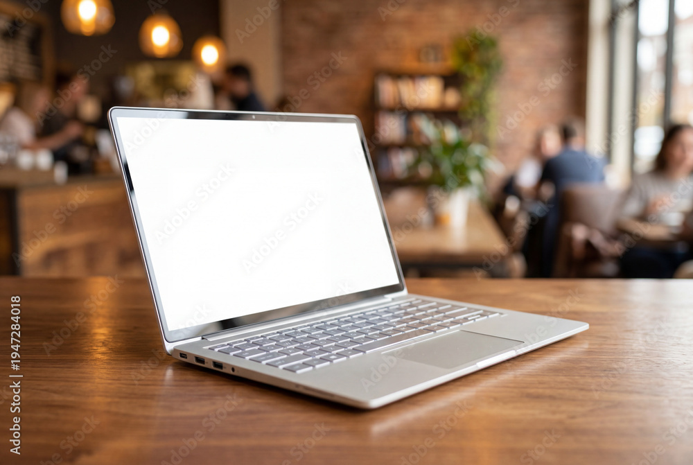 Fototapeta premium Modern silver laptop with clean white screen on wooden table in cafe