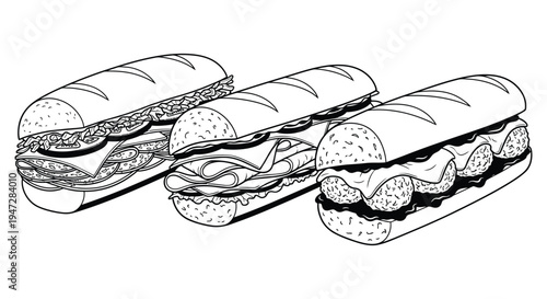 A vector illustration of three sandwiches placed side by side on a plain background, depicted in black and white.