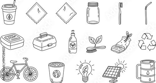 Collection of eco-friendly and sustainable living icons in a doodle art style
