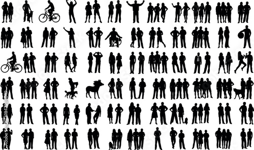 Black silhouette vector illustration of diverse human figures walking, cycling, interacting with animals, social activities, communication, lifestyle concept