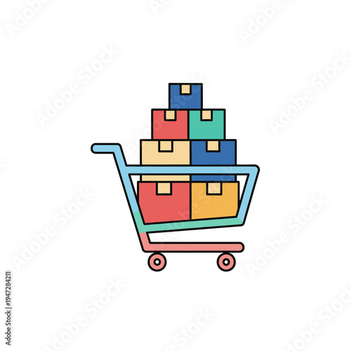 Shopping cart with colorful boxes.