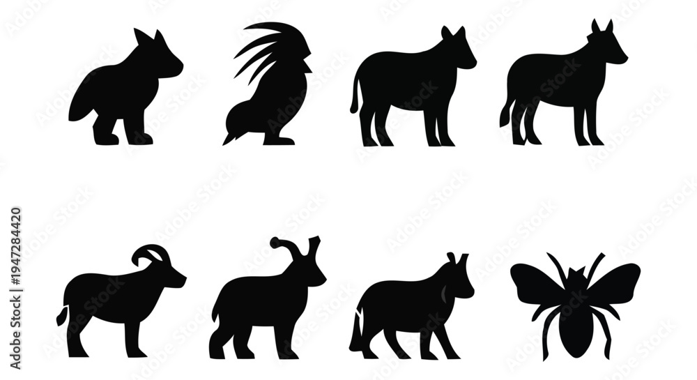 Fototapeta premium A set of black silhouettes featuring various animals, including a wolf, rooster, donkey, horse, goat, warthog, and fly, on a clean white background, ideal for design and educational purposes.