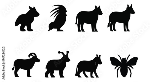 A set of black silhouettes featuring various animals, including a wolf, rooster, donkey, horse, goat, warthog, and fly, on a clean white background, ideal for design and educational purposes.