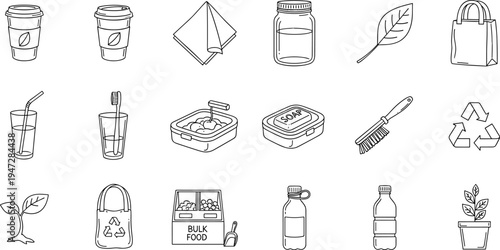 Collection of eco-friendly and sustainable living icons for a greener lifestyle