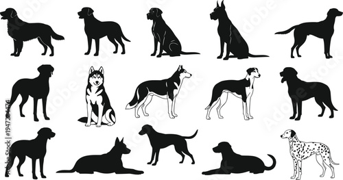 Dog silhouette illustration of multiple breeds, standing, sitting, lying down, diverse canine posture vector art design concept for stock content