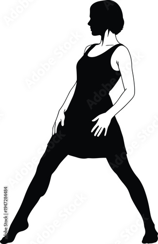 Vector illustration of silhouetted figure in wide-legged stance with bent knees and arms on thighs symbolizing dance, exercise, posture, identity, diversity, culture, tradition