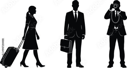 Business silhouettes with suitcase, briefcase, and camera, professional travel vector illustration design concept for corporate themes