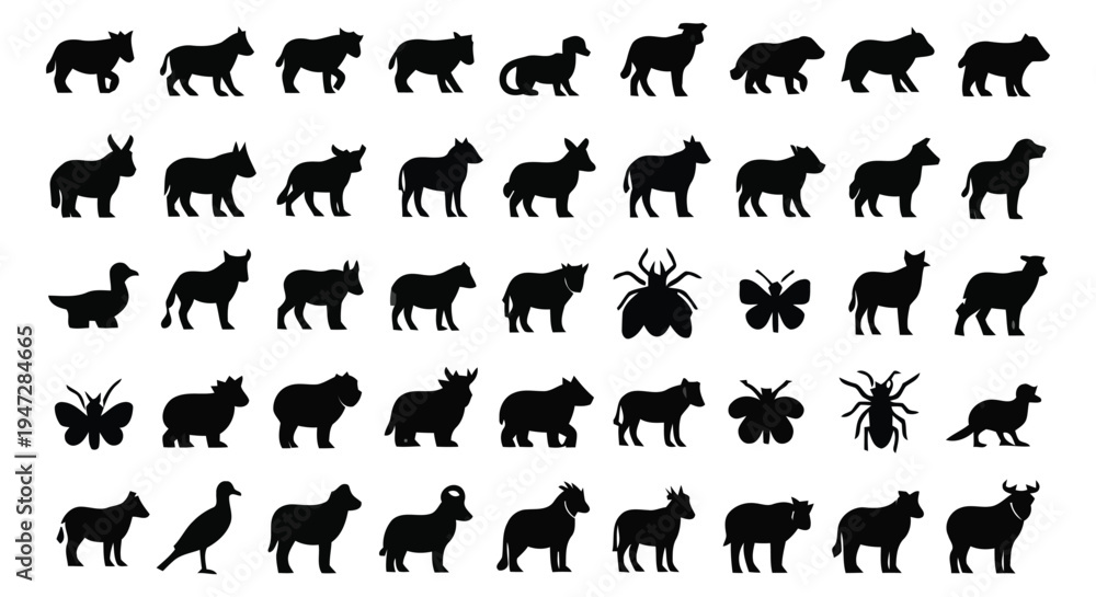 Fototapeta premium A detailed collection of black animal silhouettes on a white background, featuring various wildlife icons for design use.