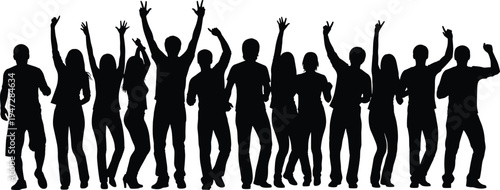 Vector illustration of silhouetted group of people dancing and posing symbolizing joy, celebration, identity, diversity, culture, tradition, inclusivity, heritage, and education