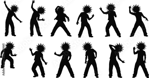 Silhouette illustration of person with spiky hair in energetic dance poses, black vector design showing movement, posture, and gesture styles