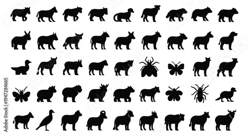A detailed collection of black animal silhouettes on a white background, featuring various wildlife icons for design use.