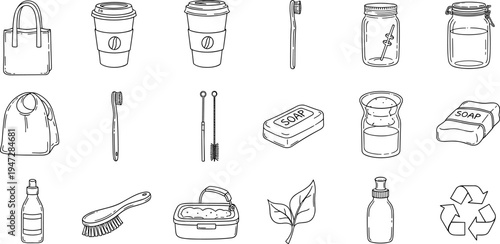 Collection of hand-drawn icons representing sustainable and eco-friendly lifestyle products