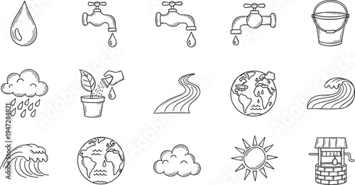 Collection of hand-drawn icons representing water sources and conservation efforts