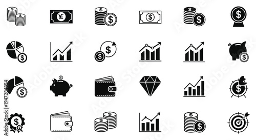 A collection of black and white financial icons representing money, business, and investment concepts, including dollar signs, coins, graphs, and more.
