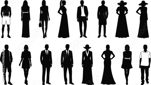 Silhouettes of diverse people in casual and formal clothing, fashion styles illustration featuring men and women with accessories and outfits