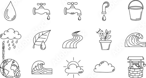 Collection of simple line art icons representing water sources and conservation themes