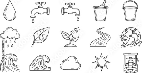Collection of hand-drawn icons representing water sources and conservation concepts