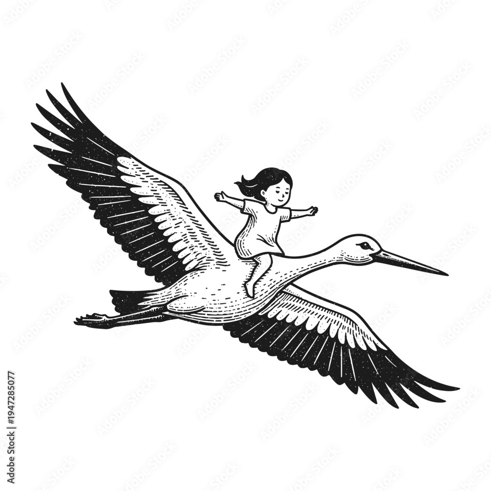 Obraz premium Little Girl Riding on a Flying Stork Sketch