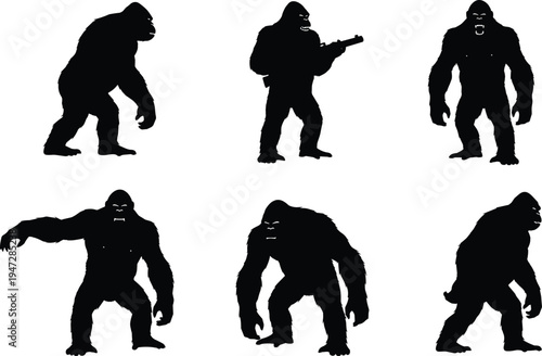 Silhouettes of gorilla figures, vector artwork showing varied postures, character design, recognition patterns and expressive stance
