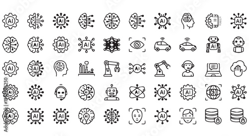A collection of black and white line art icons representing artificial intelligence concepts and technology