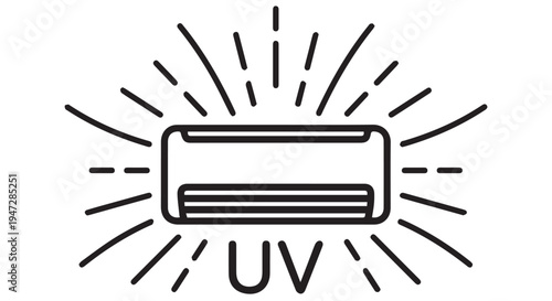 A black and white illustration of a UV air purifier with sunburst lines around it