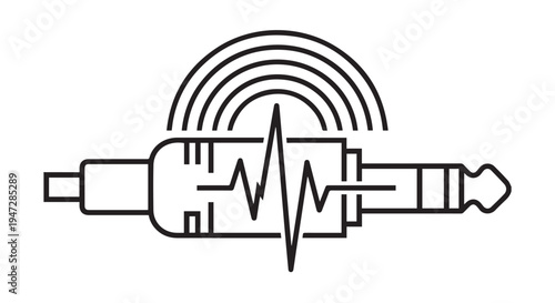A black and white illustration of an audio cable with a rainbow and heartbeat design