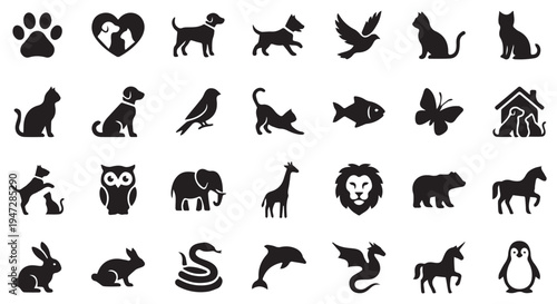 A collection of black animal silhouettes on a Transparent Background for design and illustration purposes