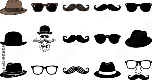 vintage hipster accessories set with hats mustaches glasses and sunglasses silhouettes for photo booth props party costume retro gentleman collection vector
