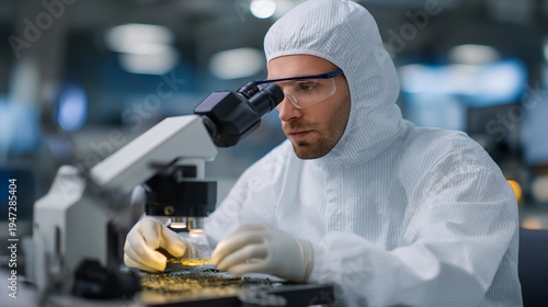 Wallpaper Mural Semiconductor technician in full cleanroom bunny suit calibrating nanoscale chip wafers under stereo microscope with purple LED lighting, precision electronics manufacturing, perfect for tech Torontodigital.ca