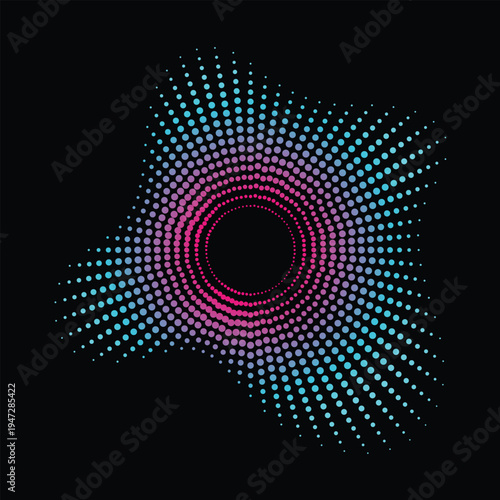 A mesmerizing graphic design featuring concentric circles of pink and blue dots emanating from a central void on a sleek black backdrop, ideal for tech and creative projects