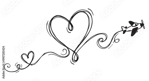 A whimsical black and white illustration of a heart being flown by a small airplane.