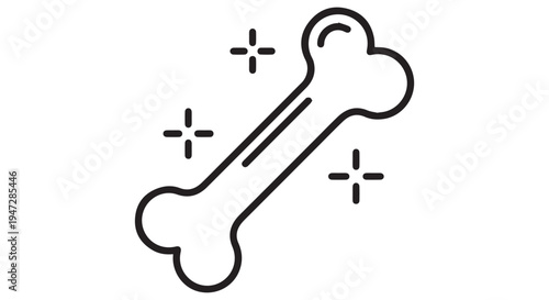 A simple black line drawing of a dog bone with sparkles on a Transparent Background