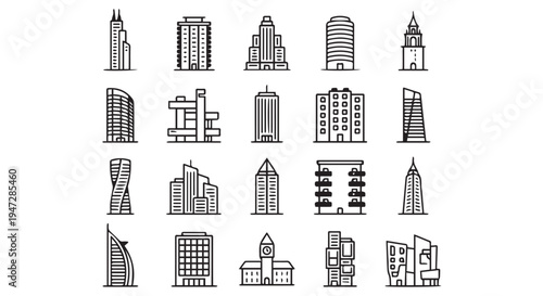A collection of various city skyscrapers and buildings in a simple line drawing style