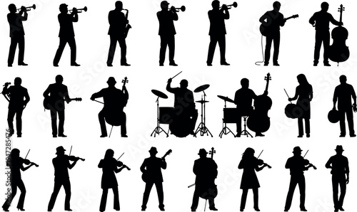 Musicians silhouette vector illustration, orchestra ensemble, trumpets, violins, guitars, drums, double bass, creative performance artwork, musical design background