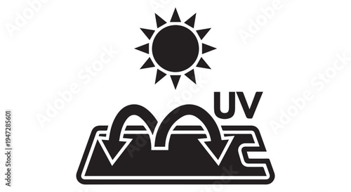A black and white illustration of the sun and mountains with UV rays and arrows