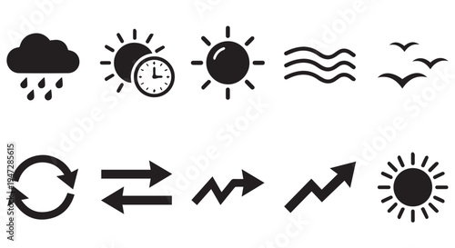 A collection of black weather and direction icons on a Transparent Background